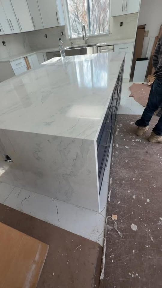 Quartz waterfall island, mid-install