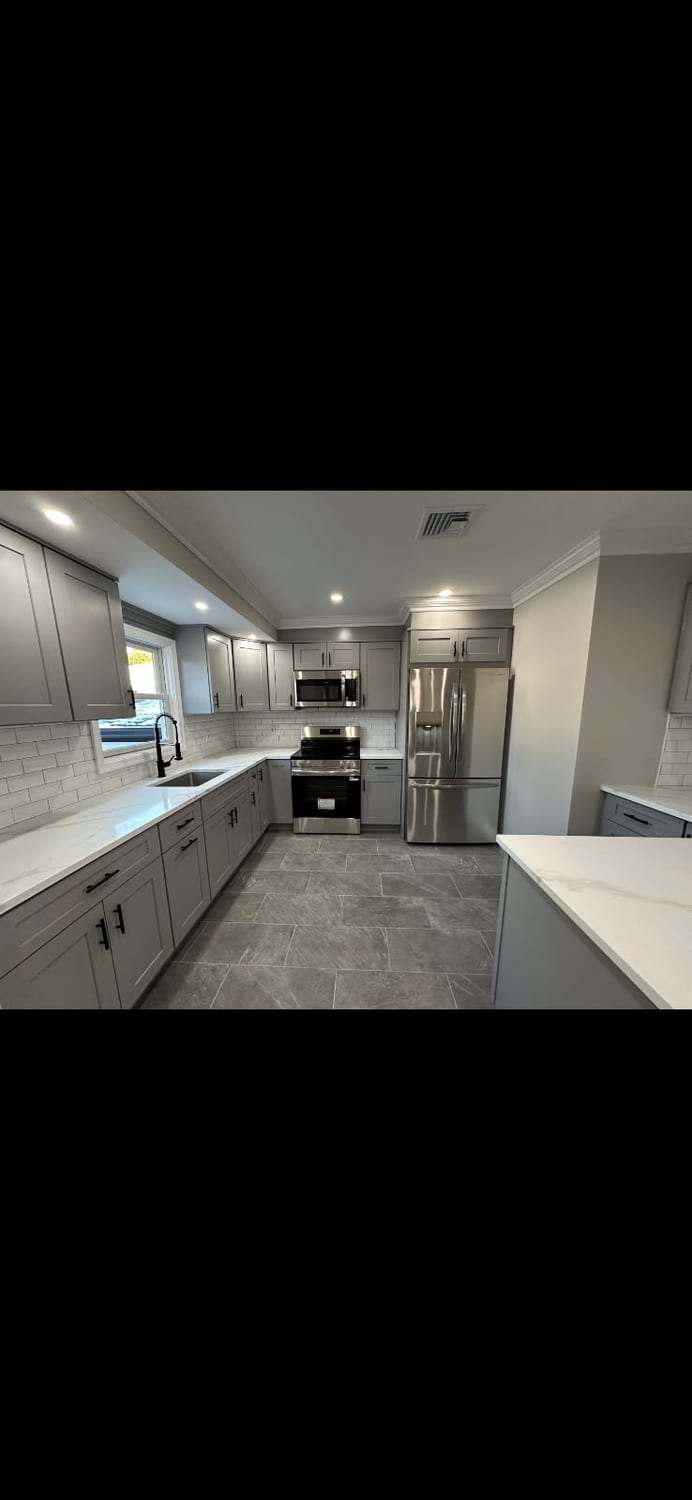 Grey shaker island build — A&J Cabinet Studio install