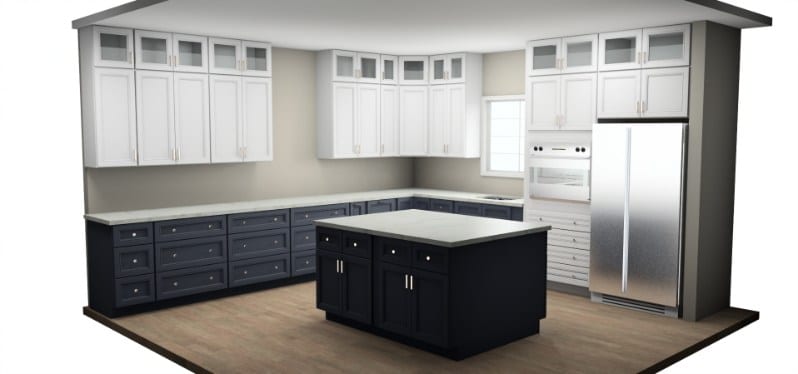 Glass-front uppers over a navy island — A&J Cabinet Studio install