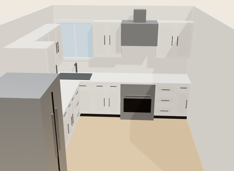 A 3D kitchen laid out in the A&J designer with White Shaker cabinets